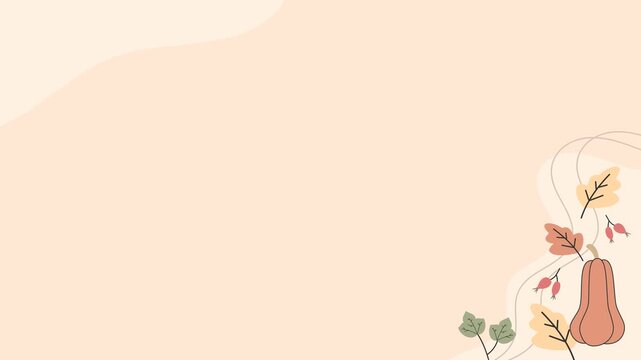 Seamless looping background animation of swinging butternut squash and leaves in the corners with text copy space. Flat style seasonal autumn illustration on soft cream solid color