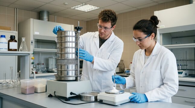 Laboratory specialists performing sieve analysis on powder samples to assess particle size distribution and purity in a controlled testing environment.