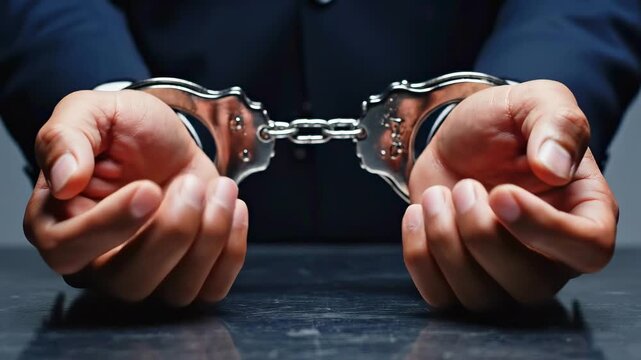 Handcuffed suspect hands close-up on interrogation table in law enforcement custody scene for crime investigation, legal justice reports, arrest footage, detention and police procedure media use