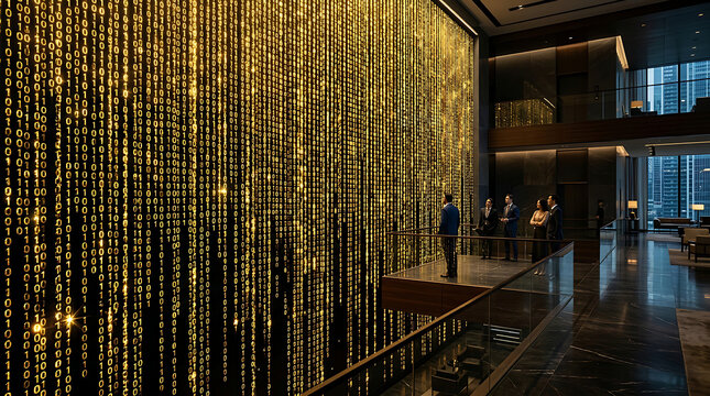 Business person standing in front of a giant digital wall of streaming golden data code lines