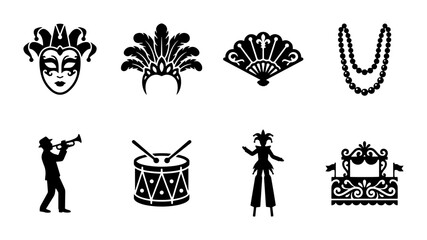Carnival Icons: Mardi Gras Masks, Feathers, Beads, Trumpet Player, Drum, Stilt Walker, Float © Shahadat