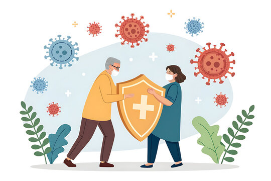 Virus germs and bacteria protection. Healthy immune system, adult man and woman protected from viruses and bacterias by immunity shield vector iilustration set. Person resistant and prevention disease