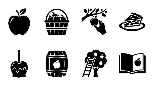 Apple Icons Set, Harvest Food Symbols, Autumn Fruit Collection, Vector Graphics