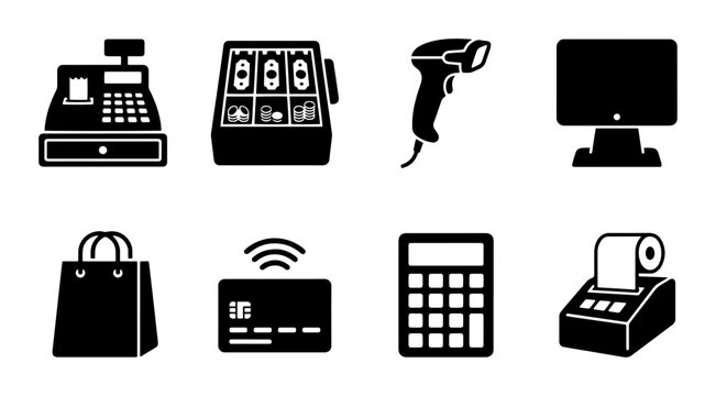 Retail Icons: Cash Register, Barcode Scanner, Shopping Bag, Credit Card, Calculator, POS Machine