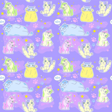 Seamless pattern of funny colorful cats with paw prints and stars. Vector illustration. Cute cats series.