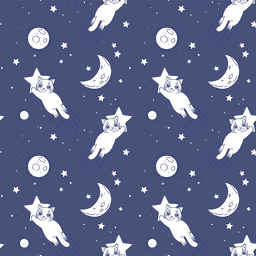 Seamless pattern of a space/night cats. Cute cats flying with stars in night sky. Vector illustration. Cute cats series. 