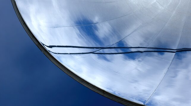 parabolic. Satellite dish parabolic curve reflecting blue sky with clouds on a simple background. product launch decks, UI/UX mockups, designed for data visualization dashboards and holographic UIs.