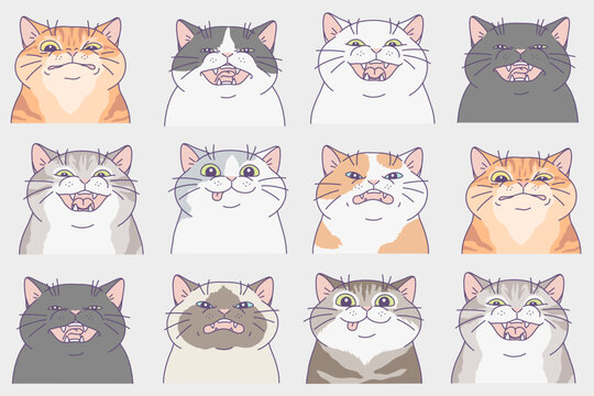 Funny cats with different expressions. Can be used as a seamless pattern. Vector illustration.