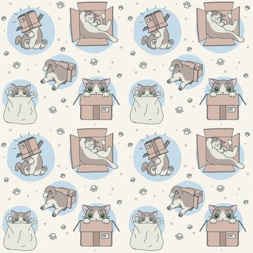Seamless pattern of cats with boxes. Vector illustration. Cute cats series.
