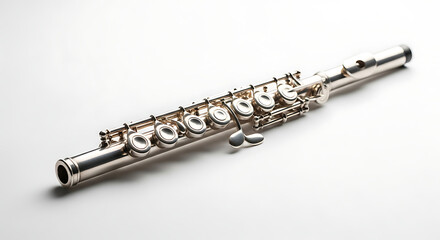 Obraz premium Silver Flute With Keys And Holes Studio Photography On A White Background