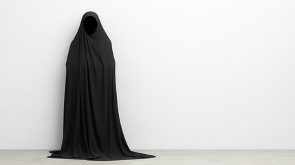 Naklejka premium A figure draped in a long, flowing black cloth stands against a plain white wall and light floor, with the face fully covered.