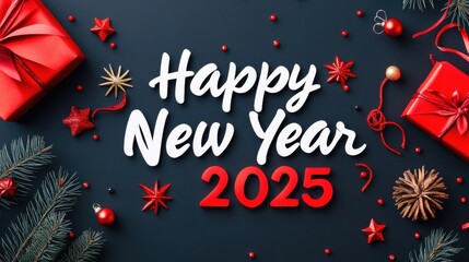Naklejka premium A festive New Year 2025 greeting in white and red text, adorned with red gift boxes, ornaments, stars, pine cones, and pine branches against a dark background.