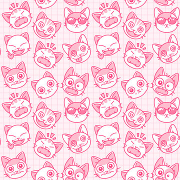 Cute pink emoji cat faces seamless pattern on a plaid grid background. Vector illustration. Cute cats series. 