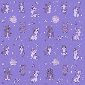 Colorful cat seamless pattern with space elements. Vector illustration. Cute cats series. 