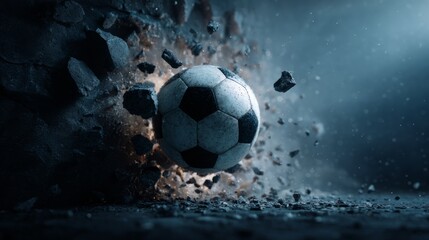 Fototapeta premium Soccer Ball Crashing Through Dark Concrete Debris
