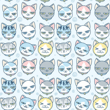 Seamless pattern of unhappy and angry cat faces in pastel colors. Vector illustration. Cute cats series. 