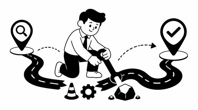 Cartoon man digging on a winding path with location pins.