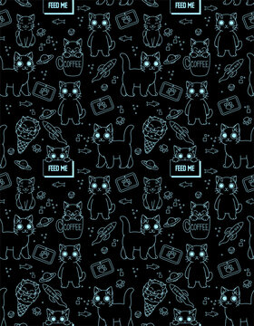 Seamless pattern of glowing blue line-art cyberpunk cats and rockets. Vector illustration. Cute cats series.