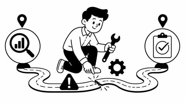 Cartoon man fixing gears with wrench on path.