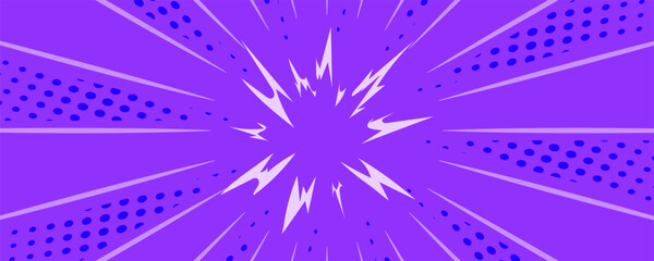 Fototapeta premium Purple anime style explosion background with radial speed lines and bright cartoon energy effects, perfect for dynamic manga illustrations and posters.
