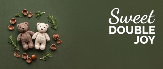 Fototapeta premium Knitted teddy bears handmade toys arranged in a rustic autumn wreath frame with hazelnuts and rosemary sprigs on green background, wide banner copy space template design for cozy double joy cards sets