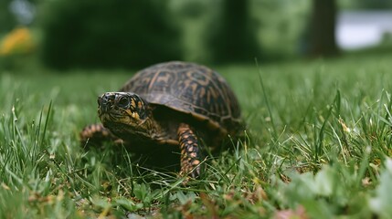 Obraz premium An energetic and fluffy turtle runs through a lush grassy yard against a serene outdoor backdrop