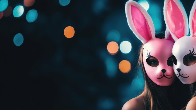Two individuals in bunny masks with pink and white ears pose together against a dark backdrop adorned with colorful bokeh lights.