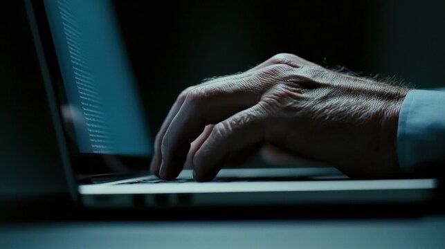 A close-up of a hand typing on a laptop in a dimly lit setting, with code visible on the screen.