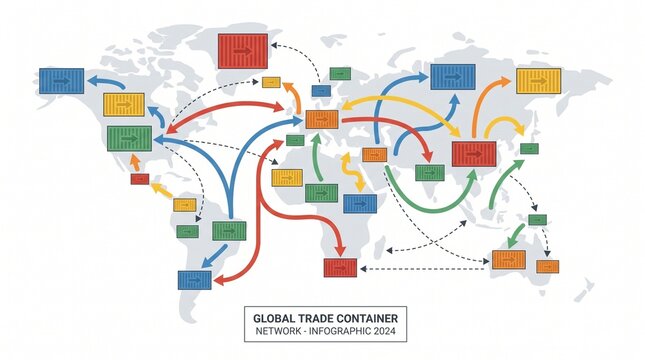 Global trade container network map showing international connections and routes