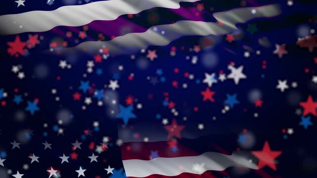 Dark Patriotic American Flag Background Loop with Glowing Red White and Blue Star Particles. Great for 4th of July Video Backdrop, Landscape 16:9 Widescreen Footage, and US National Holidays