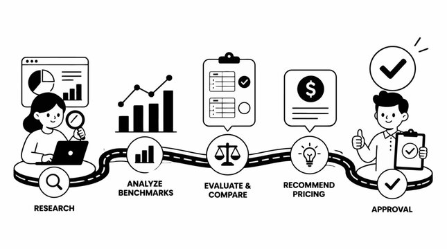 Business process workflow illustration with steps and icons.