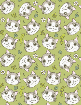 Seamless pattern of cat faces on a green background with plant leaves. Vector illustration. Cute cats series. 