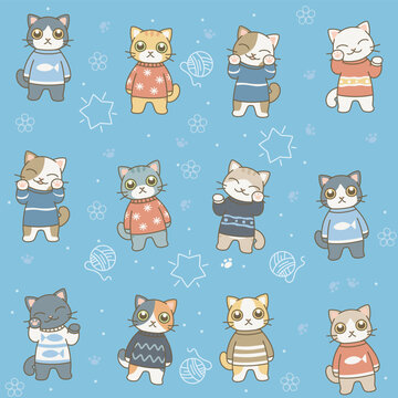 Seamless pattern with cats in different sweaters on a blue background. Vector illustration. Cute cats series. 