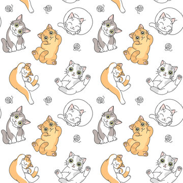 Cartoon cats in different poses on a white background seamless pattern. Vector illustration. Cute cats series. 