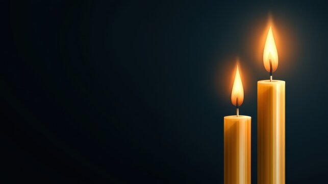 Two lit candles of varying heights emit a warm glow against a dark background.