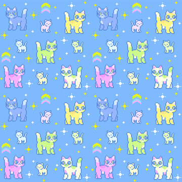 Brightly pixel cats and rainbows pattern. Vector seamless pattern. Cute cats series. 