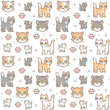 Pixel art cat pattern with white background. Vector seamless pattern. Cute cats series. 