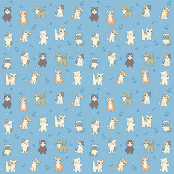 Funny different cats on blue background seamless pattern. Vector illustration. Cute cats series. 