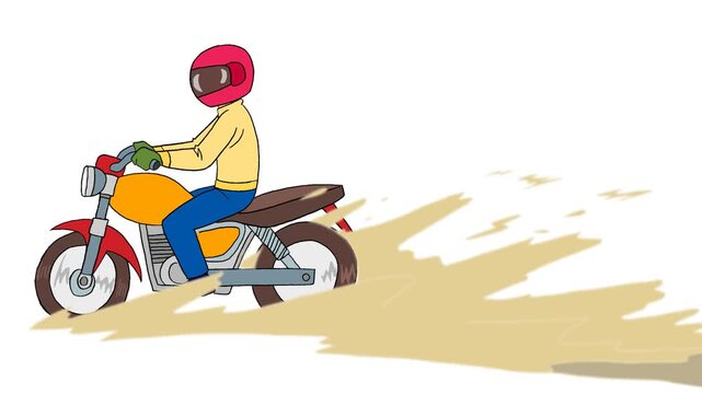 Motion graphic loop of a fast-moving motorcyclist speeding and kicking up dust, minimalist cartoon style