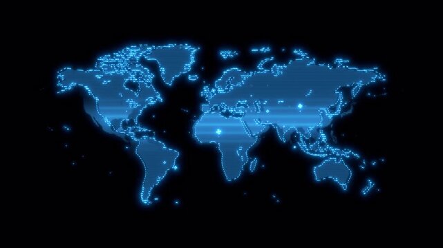 Digital glowing world map with pulsing network data nodes and connection lines on black background.