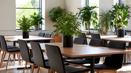 Fototapeta premium A modern and organized boardroom interior featuring natural plant accents and gentle shadows creating a serene workspace ambiance