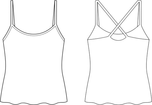 Technical fashion flat sketch of women's camisole tank top with crisscross straps back view and front view design template
