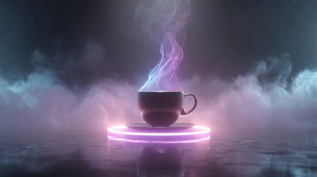 Enigmatic Coffee Mug Enveloped In Vibrant Swirls Of Smoke And Illumination Within A Dimly Lit Setting