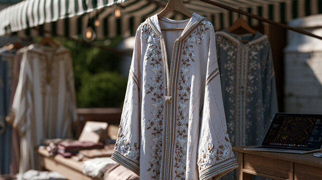 Market stall in Marrakech displaying hand-embroidered caftans alongside a tablet showing digital pattern designs, tradition and technology side by side under striped awning shade,