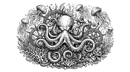 octopus jellyfish, nautical octopus, ship wheel art, underwater scene, sea life engraving, coral and shells, black and white nautical, ocean creatures, vintage maritime, detailed line art, hand drawn  © Tanan