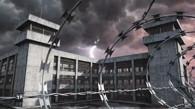 Prison exterior dolly-in through razor wire toward concrete cell block under storm clouds, high security facility, confinement, criminal justice and detention architecture for incarceration media use