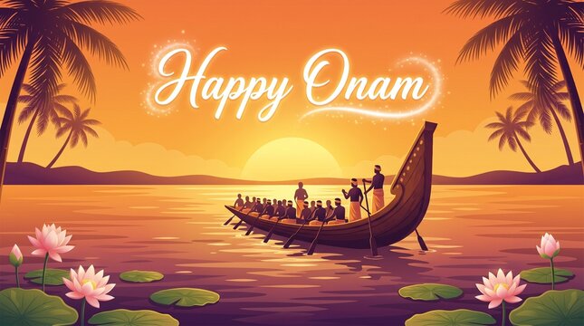 Happy Onam greeting card with a traditional snake boat race on a serene river at sunset with palm trees