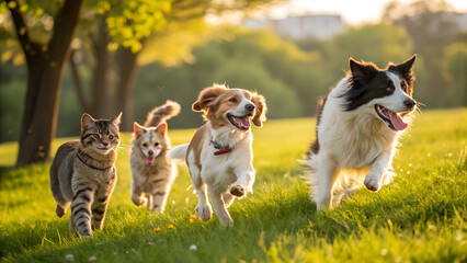 Obraz premium Tabby Cat and Three Dogs Running Joyfully in a Sunny Green Park