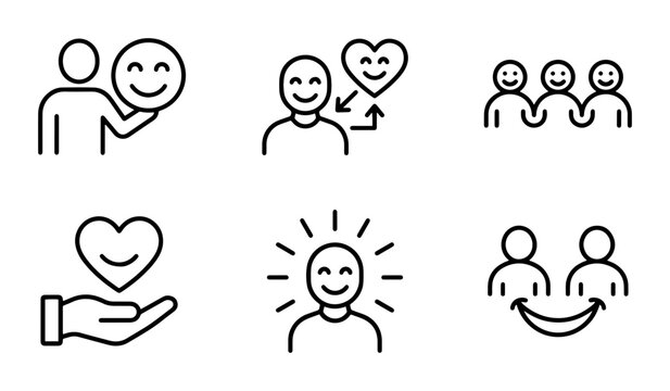 Happy People Icons, Positive Emotions Set, Joyful Faces Collection, Social Connection Graphics, Vector Emoticons for Happiness and Wellbeing