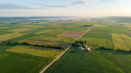 Obraz premium Aerial view of large agricultural farmland fields at sunrise with agriculture farmland landscape
